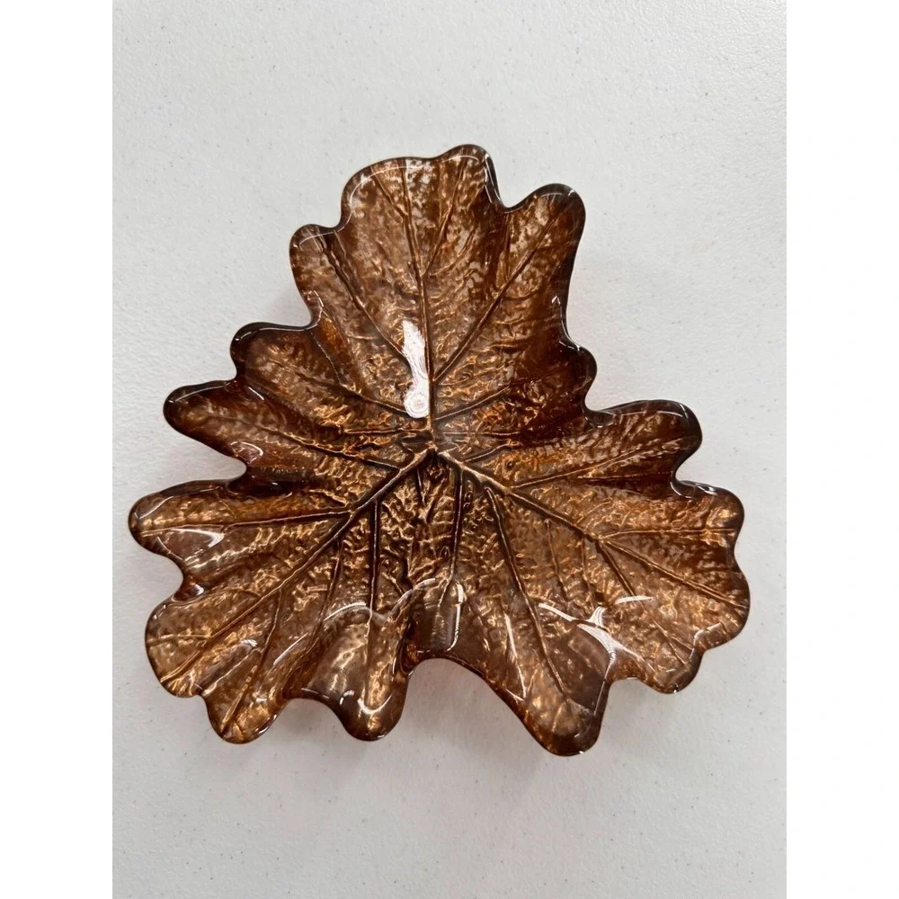 Set Of 2 Leaf-Shaped Brown Glass Decorative Plates amber dish trinket 7‎ inch